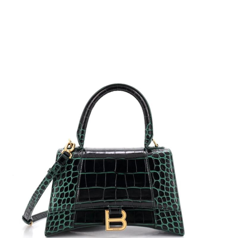 Balenciaga Hourglass Top Handle Bag Crocodile Embossed Leather Small: Accessories: With Strap Measurements: Handle Drop 4", Height 6", Width 8.5", Depth 4", Strap Drop 10". Condition: Pre-owned - Good,Brand: Balenciaga,Exterior Material: Leather,Style: Cross Body