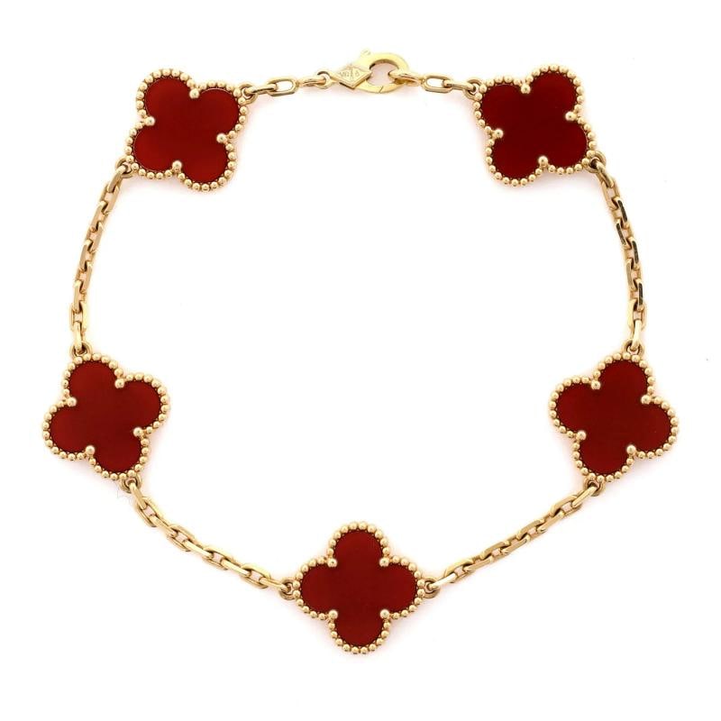 Van Cleef & Arpels Vintage Alhambra 5 Motifs Bracelet 18K Yellow Gold: Measurements: Circumference: 7.50 ", Width: 14.90 mm . Condition: Pre-owned - Good,Brand: Van Cleef & Arpels,Main Stone: Carnelian,Metal: 18K Yellow Gold,Metal Purity: 18K,Style: Bracelet,Type: