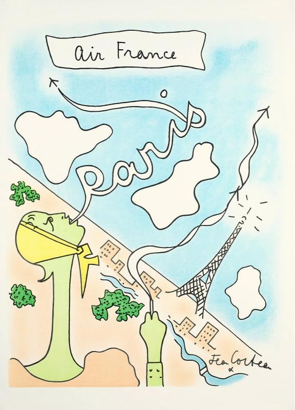Original Vintage Poster - Jean Cocteau - Air France - Paris - France - C. 1963: Condition: Used,Features: Signed,Width (Inches): 26,8,Listed By: Dealer or Reseller,Subject: Paris,Size: Large (up to 60in.),Height (Inches): 37,8,Date of Creation: 1950-1969,Artist: Jean Cocteau,Year