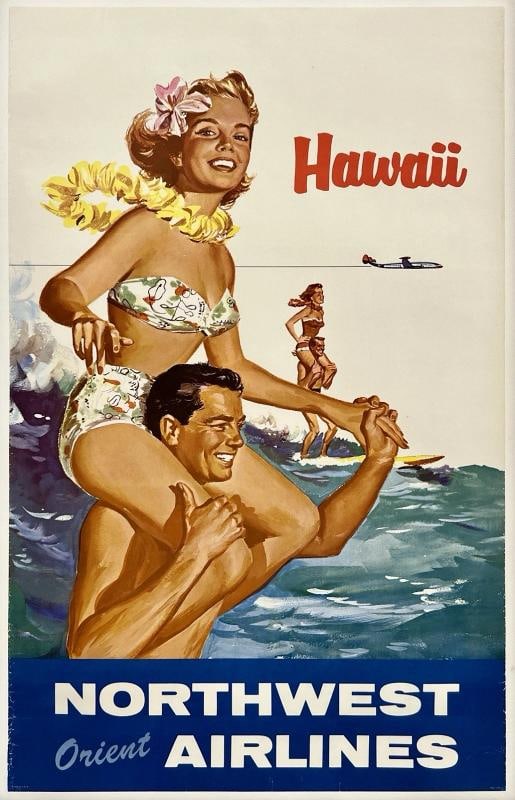 Original Vintage Poster HAWAII NORTHWEST ORIENT AIRLINES Airline Travel LINEN: Condition: Used,Type: Poster,Country of Origin: United States Condition: Very Good / Good * (linen backed; edge and corner wear, tears, creasing, crinkling, small losses, some of which have been
