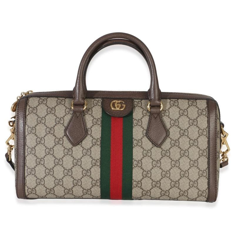 Gucci Beige GG Supreme Monogram Canvas Web Medium Ophidia Boston Bag: Condition: Pre-owned - Good,Dimensions: 12.5 x 7.5 x 4.75,Handbag Accessories: Dustbag,Bag Width: 12.5 in,Bag Depth: 4.75 in,Bag Height: 7.5 in,Department: Unisex,Style: Shoulder Bag;Top Handle,Materi