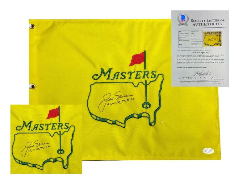 JACK NICKLAUS SIGNED AUTO OFFICIAL 2005 MASTERS FLAG BECKETT BAS WIN YEARS INSC: Product: Flag,Player: Jack Nicklaus,Sport: Golf-PGA,Autograph Authentication: Beckett,Original/Reprint: Original,Country of Origin: United States