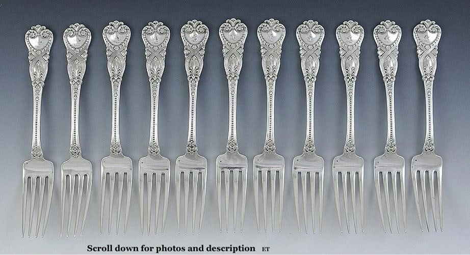 11 Antique c1898 Sterling Silver Tiffany & Co St James Forks 6 3/4": Pattern: St. James,Brand: Tiffany & Co.,Type: Flatware - Forks,Age: c1898,Composition: Sterling Silver,Maker: Tiffany,Year Made: c1898,Metal: silver,Country of Origin: United States Presented is a