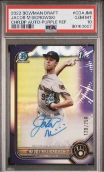 2022 Bowman Chrome Jacob Misiorowski PSA 10 Auto Purple Refractor 1st Prospect Rookie: 2022 Bowman Chrome Jacob Misiorowski PSA 10 Auto Purple Refractor 1st Prospect Rookie