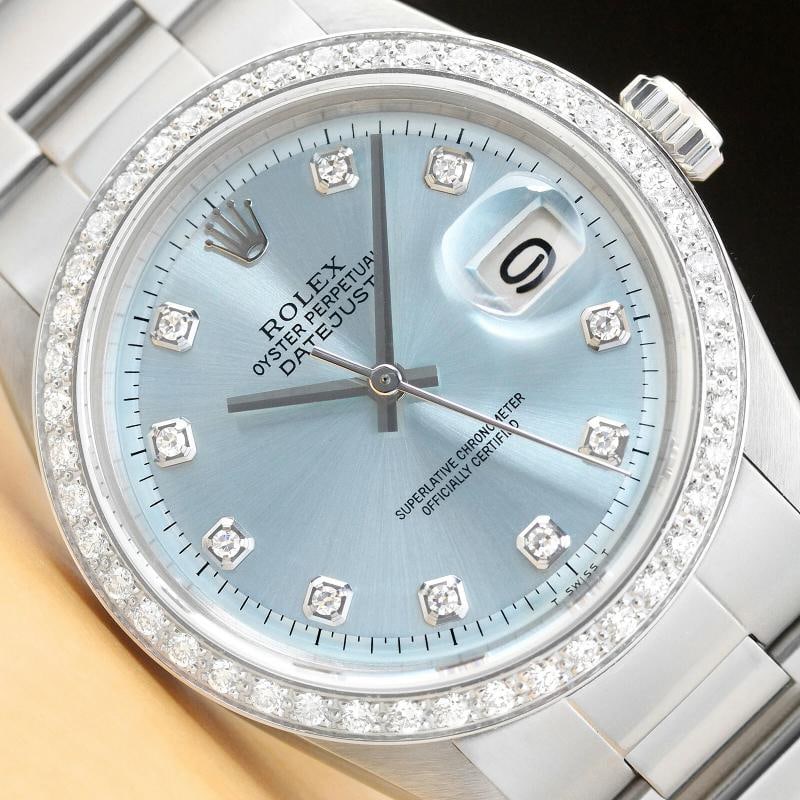MENS ROLEX DATEJUST ICE BLUE DIAL 18K WHITE GOLD DIAMOND BEZEL & STEEL WATCH: Condition: Pre-owned - Excellent,Bezel Color: Silver,Max Wrist Size: 7.26-7.5 in,Number of Jewels: 26 Jewels,Indices: Diamond Hour Marks, 12-Hour Dial, Multiple Hands,Stone: Diamond,Bezel: Custom 18K