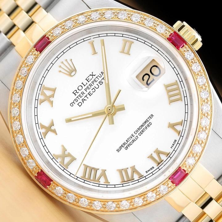 ROLEX MENS DATEJUST 16013 WHITE ROMAN DIAL DIAMOND RUBY 18K GOLD STEEL WATCH: Condition: Pre-owned - Excellent,Brand: Rolex,Department: Men's,Dial: Rolex Dial Ref. w/ Added Roman Markers,Bezel: Custom 18K Yellow Gold Diamond Ruby Bezel,Features: Chronometer, Sapphire Crystal, S