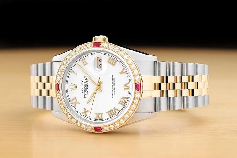 ROLEX MENS DATEJUST 16013 WHITE ROMAN DIAL DIAMOND RUBY 18K GOLD STEEL WATCH - 2