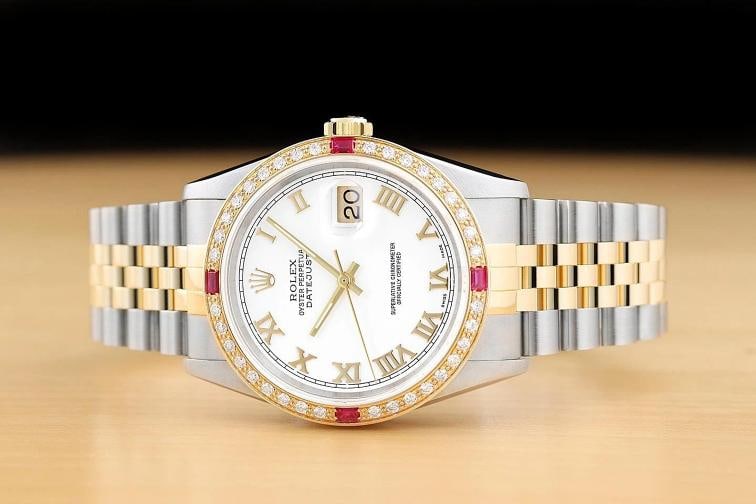 ROLEX MENS DATEJUST 16013 WHITE ROMAN DIAL DIAMOND RUBY 18K GOLD STEEL WATCH - 3