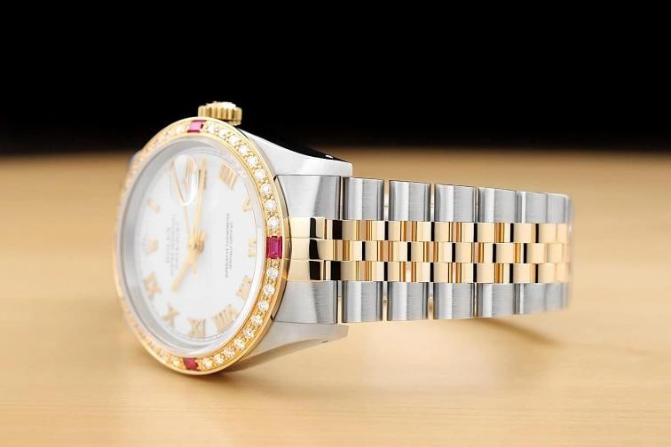 ROLEX MENS DATEJUST 16013 WHITE ROMAN DIAL DIAMOND RUBY 18K GOLD STEEL WATCH - 4