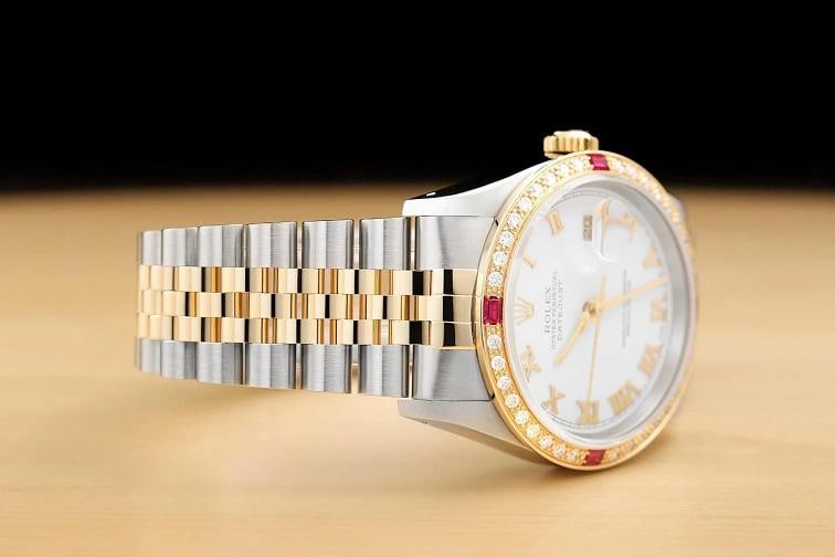 ROLEX MENS DATEJUST 16013 WHITE ROMAN DIAL DIAMOND RUBY 18K GOLD STEEL WATCH - 7