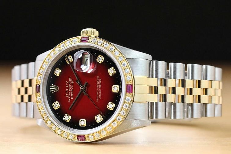 ROLEX MENS DATEJUST 16013 RED VIGNETTE 18K YELLOW GOLD RUBY DIAMOND STEEL WATCH - 2