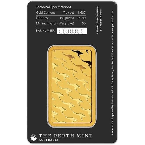 50 gram Gold Bar - Perth Mint - 99.99 Fine in Assay - 2