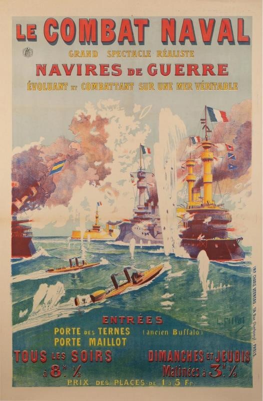 Original Poster - Naval Combat - 1900 Universal Exhibition - Warships Submarines: Condition: Used,Country of Origin: France,Artist: Fillol,Unit of Sale: Single-Piece Work,Size: Medium (up to 36in.),Custom Bundle: No,Date of Creation: 1900,Region of Origin: France,Framing: Unframed,