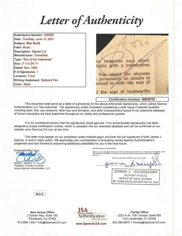 Bon Scott AC/DC Authentic Signed 3x6.75 Cut Signature Autographed JSA #BB39751 - 9
