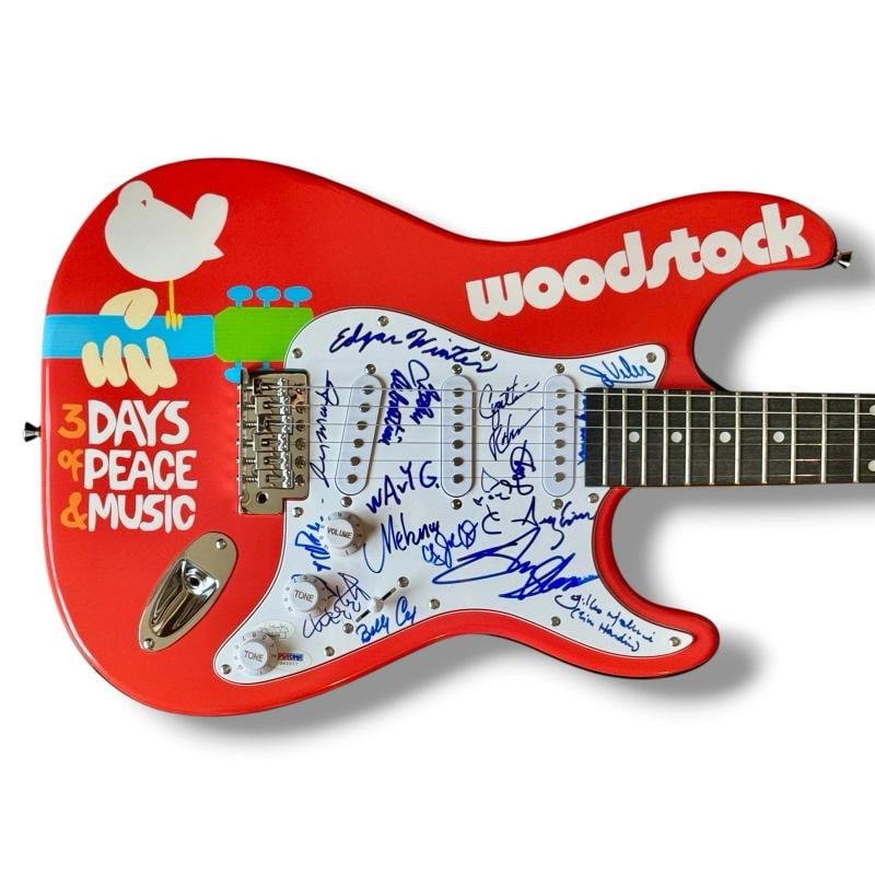Woodstock Signed Guitar JSA COA 16 Signatures Sly Stone Tom Constanten Billy Cox: Industry: Music,Signed: Yes,Autograph Authentication: James Spence (JSA),Object Type: Guitar & Guitar Pick,Original/Reproduction: Original,Country of Origin: United States