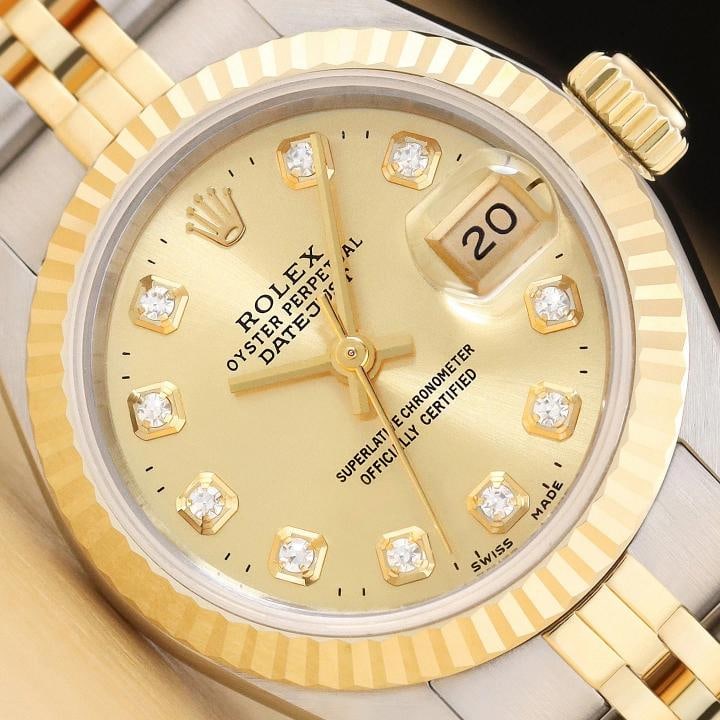 ROLEX LADIES DATEJUST 69173 CHAMPAGNE DIAMOND 2-TONE 18K YELLOW GOLD WATCH: Condition: Pre-owned - Excellent,Bezel Color: Gold,Max Wrist Size: 6.26-6.75 in,Number of Jewels: 29 Jewels,Indices: Diamond Markers, 12-Hour Dial,Band: Rolex Two Tone Jubilee Bracelet,Bezel: Rolex 18