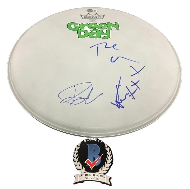 Green Day Signed Autograph Drumhead Beckett BAS COA Billie Joe Tre Mike: Industry: Music,Signed: Yes,Autograph Authentication: Beckett,Object Type: Drumhead,Original/Reproduction: Original,Country of Origin: United States