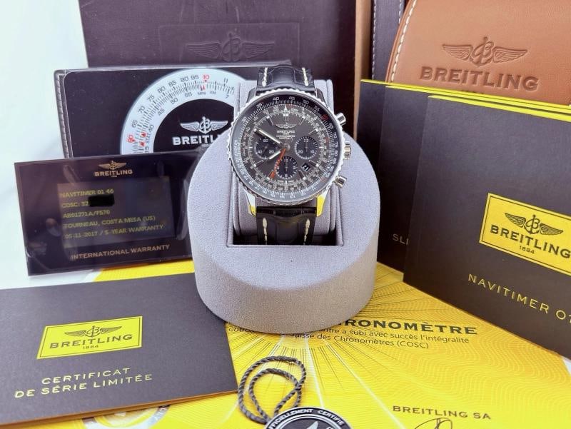 Breitling Navitimer 01 AB01271A/F570 46mm Grey Dial Limited Edition Box Papers: Condition: Pre-owned - Excellent,Bezel Color: Silver,Year Manufactured: 2010-2019,Band/Strap: Two-Piece Strap,Case Color: Silver,Department: Men,Caseback: Exhibition,Watch Shape: Round,Style: Luxury,