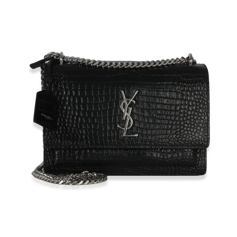 Saint Laurent Black Croc Embossed Calfskin Medium Monogram Sunset Bag: Condition: Pre-owned - Good,Dimensions: 8.5 x 6 x 3,Handbag Accessories: Clochette,Bag Width: 8.5 in,Bag Depth: 3 in,Bag Height: 6 in,Department: Unisex,Style: Shoulder Bag,Material: Exotic,Color: