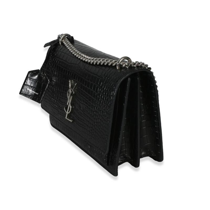 Saint Laurent Black Croc Embossed Calfskin Medium Monogram Sunset Bag - 3