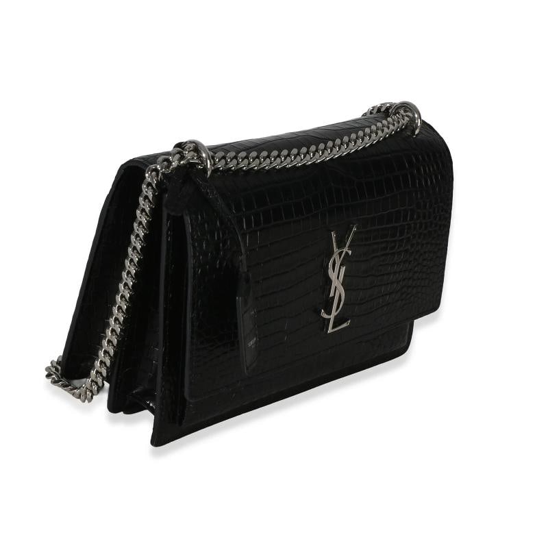Saint Laurent Black Croc Embossed Calfskin Medium Monogram Sunset Bag - 4