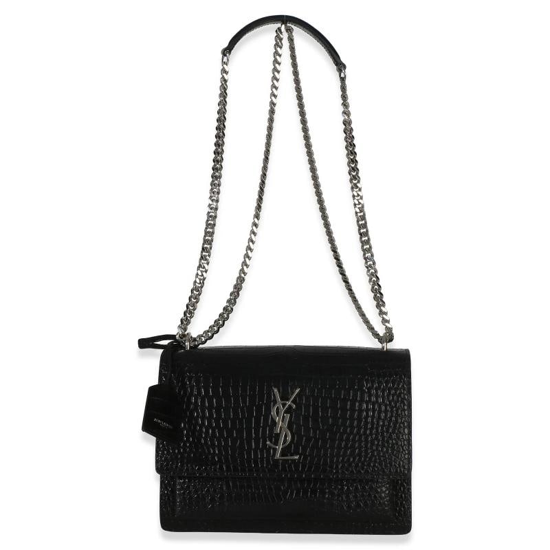 Saint Laurent Black Croc Embossed Calfskin Medium Monogram Sunset Bag - 6