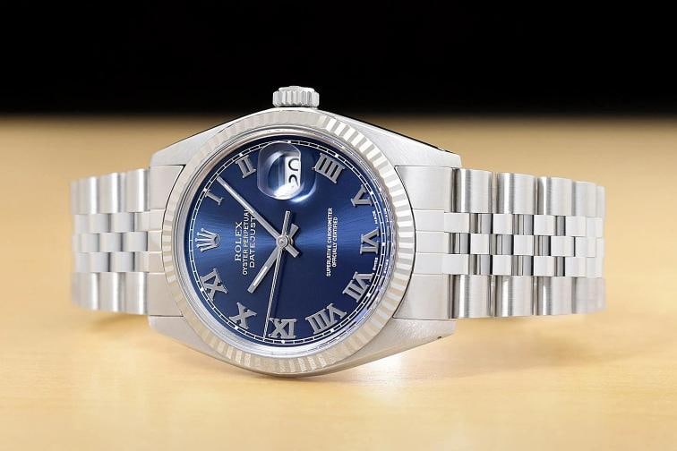 ROLEX MENS DATEJUST 16014 BLUE ROMAN DIAL 18K WHITE GOLD STEEL JUBILEE WATCH - 2