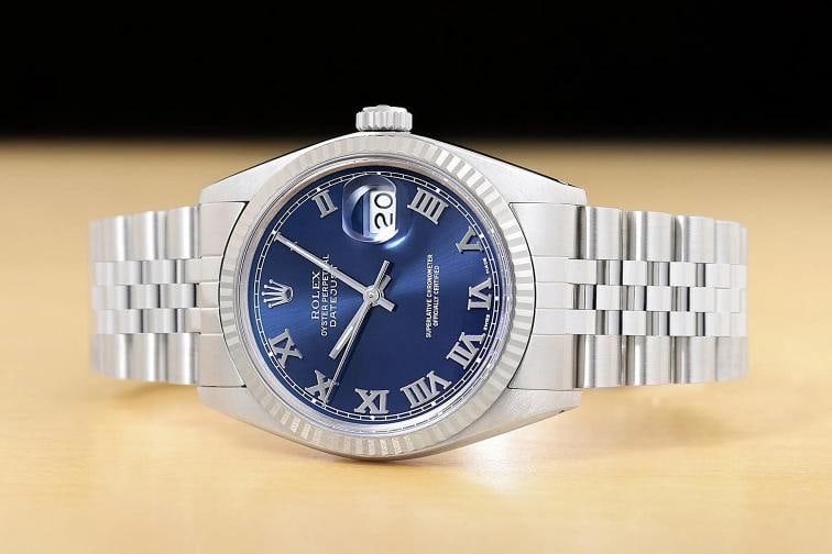 ROLEX MENS DATEJUST 16014 BLUE ROMAN DIAL 18K WHITE GOLD STEEL JUBILEE WATCH - 3