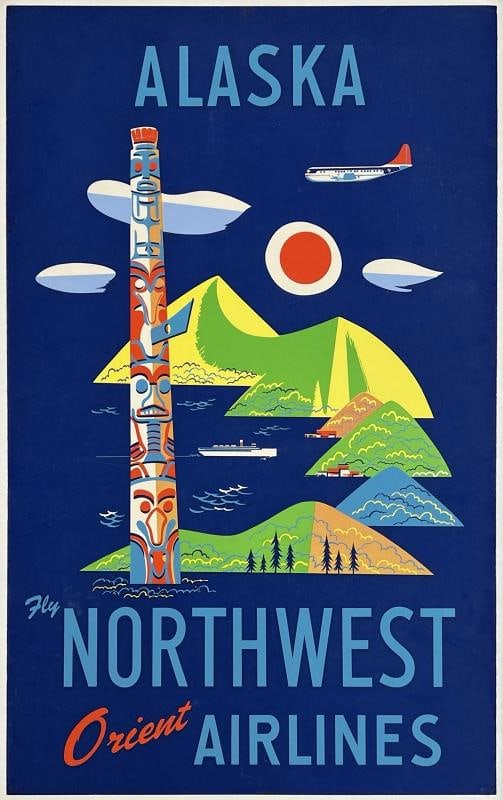 Original Vintage Poster ALASKA NORTHWEST ORIENT AIRLINES Airline Travel LINEN: Dimensions: 25 x 40.2 in. / 63.5 x 102 cm.; Circa: 1950s Original vintage "ALASKA - FLY NORTHWEST ORIENT AIRLINES airline travel poster, illustrated by an anonymous artist, and printed circa 1950s.