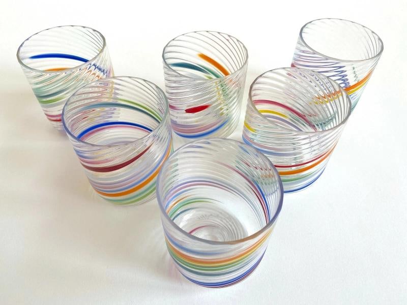 VTG 1980'S POST MODERN HAND BLOWN STUDIO ART GLASS MULTICOLOR SWIRL GLASSES SET - 10