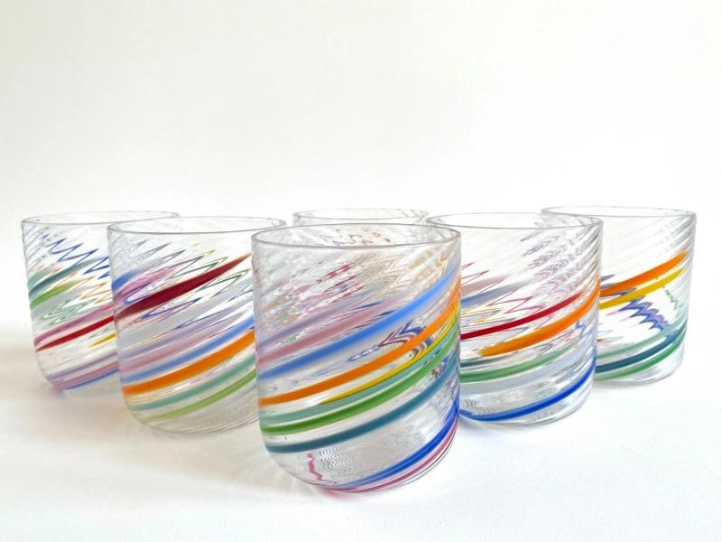 VTG 1980'S POST MODERN HAND BLOWN STUDIO ART GLASS MULTICOLOR SWIRL GLASSES SET - 11