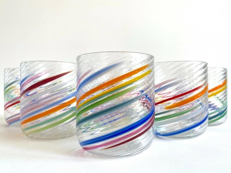 VTG 1980'S POST MODERN HAND BLOWN STUDIO ART GLASS MULTICOLOR SWIRL GLASSES SET: Condition: Used,Handmade: Yes,Material: Glass,Glassmaking Technique: Hand Blown,Type of Glass: Hand Blown Glass,Style: Mid-Century Modern,Color: Multi-Color,Type: