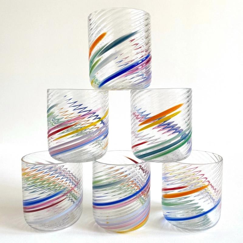 VTG 1980'S POST MODERN HAND BLOWN STUDIO ART GLASS MULTICOLOR SWIRL GLASSES SET - 2