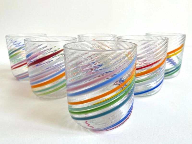 VTG 1980'S POST MODERN HAND BLOWN STUDIO ART GLASS MULTICOLOR SWIRL GLASSES SET - 3