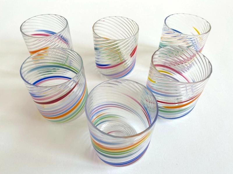 VTG 1980'S POST MODERN HAND BLOWN STUDIO ART GLASS MULTICOLOR SWIRL GLASSES SET - 4
