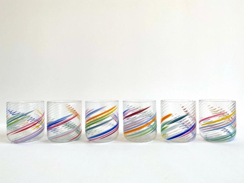 VTG 1980'S POST MODERN HAND BLOWN STUDIO ART GLASS MULTICOLOR SWIRL GLASSES SET - 6