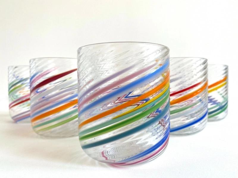 VTG 1980'S POST MODERN HAND BLOWN STUDIO ART GLASS MULTICOLOR SWIRL GLASSES SET - 7