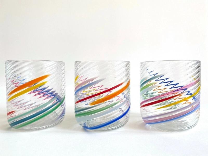 VTG 1980'S POST MODERN HAND BLOWN STUDIO ART GLASS MULTICOLOR SWIRL GLASSES SET - 8