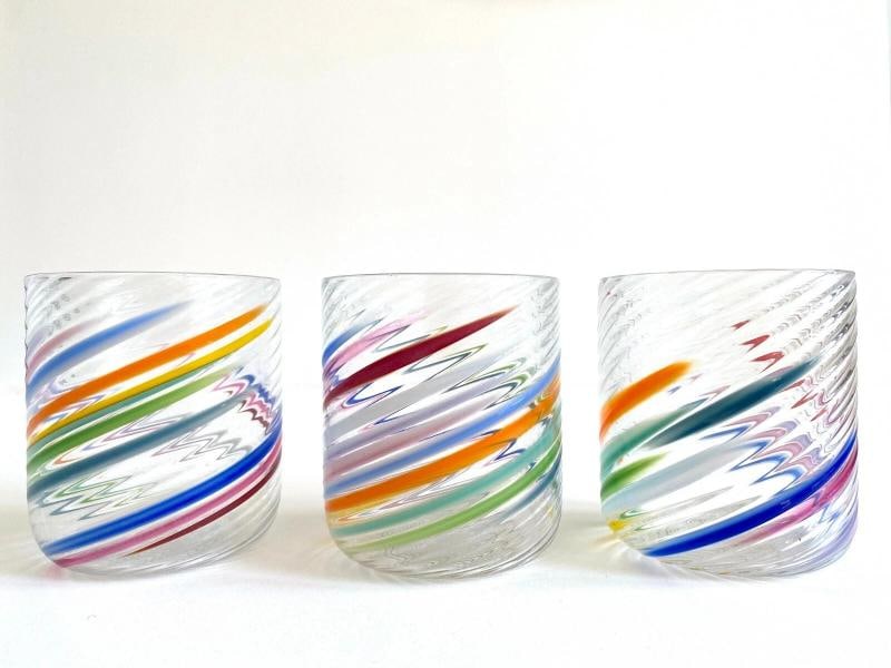 VTG 1980'S POST MODERN HAND BLOWN STUDIO ART GLASS MULTICOLOR SWIRL GLASSES SET - 9