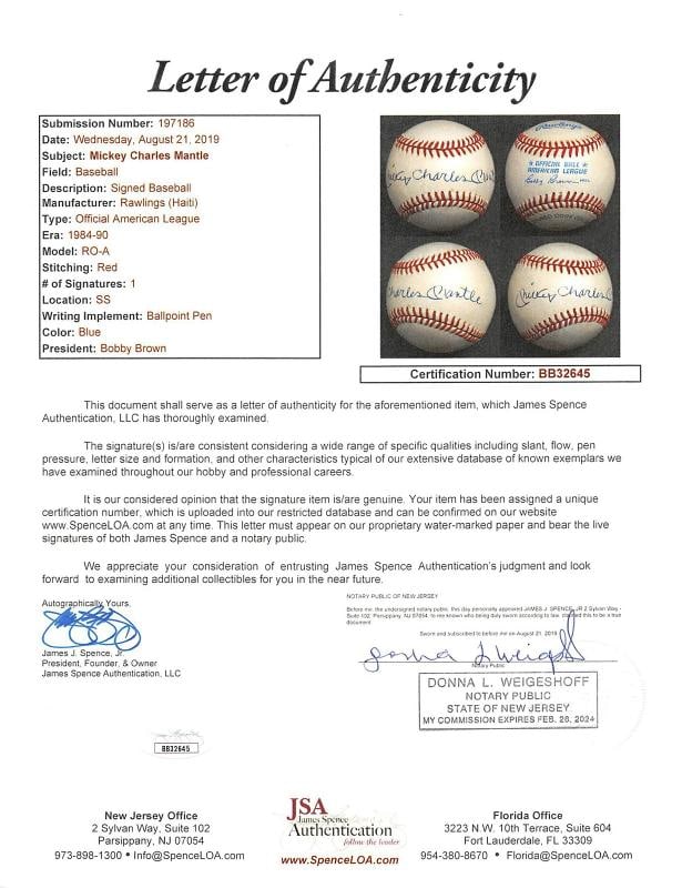 Yankees Mickey Charles Mantle Authentic Signed Oal Baseball JSA #BB32645 - 9