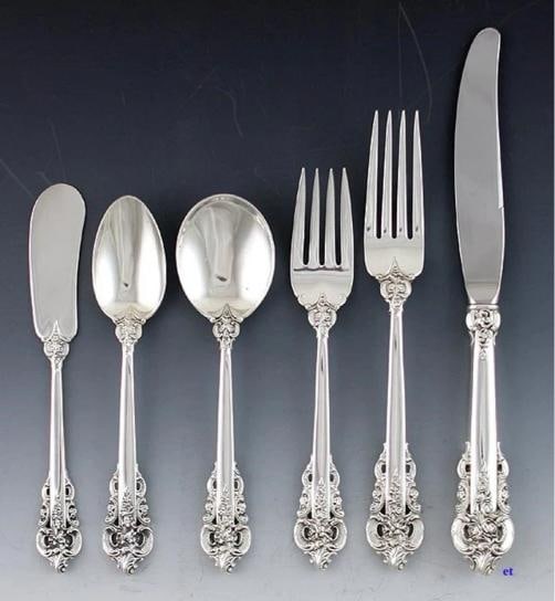 81pc Wallace Grande Baroque Sterling Silver Flatware Set Serves 12: Pattern: Grande Baroque,Brand: Wallace,Type: Flatware - Sets,Age: Post-1940,Composition: Sterling Silver,Maker: Wallace,Country of Origin: United States 81pc Wallace Grande Baroque Sterling Silver Fla