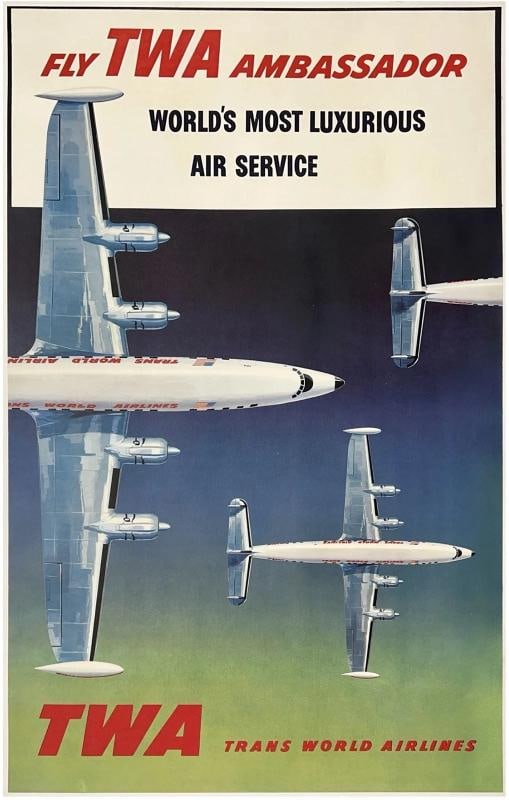 Original Vintage Poster FLY TWA AMBASSADOR Trans World Airline Travel Tourism OL: Dimensions: 25.2 x 39.8 in. / 64 x 101 cm.; Circa: 1960s Original vintage "FLY TWA AMBASSADOR - WORLD'S MOST LUXURIOUS AIR SERVICE" airline travel poster, designed by an anonymous artist, and printed