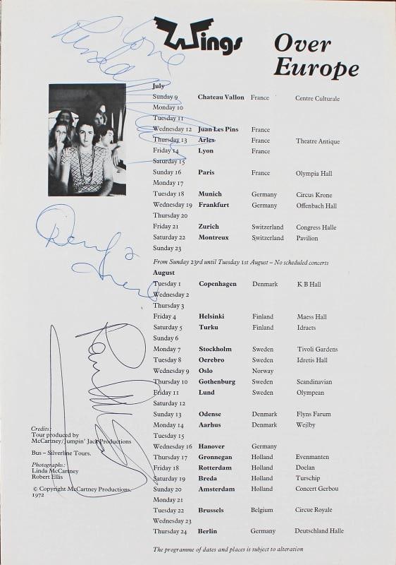 (3) Linda & Paul McCartney, Denny Lane Signed Wings Over Europe Tour Program BAS: Original/Reproduction: Original,Industry: Music,PRODUCT_COA: Beckett,PRODUCT_SIGNED_BY_NAME: Paul McCartney, Linda McCartney & Denny Lane,PRODUCT_SIGNED_BY_BRAND: Wings,Country of Origin: United