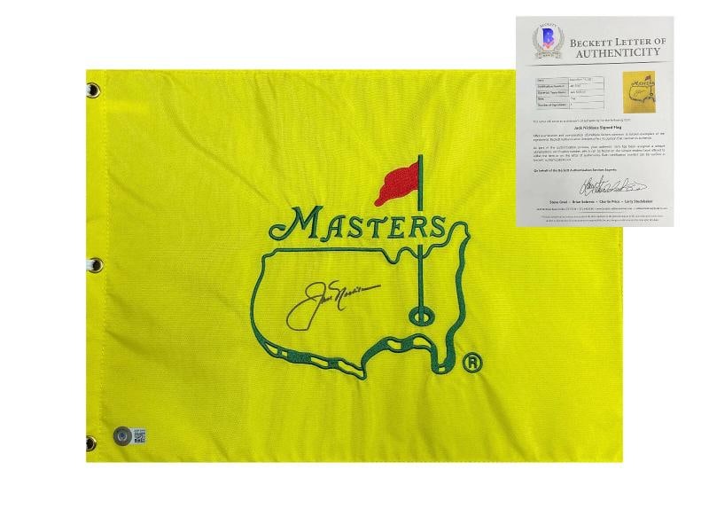 JACK NICKLAUS SIGNED AUTO OFFICIAL MASTERS FLAG BECKETT BAS COA: Product: Flag,Player: Jack Nicklaus,Sport: Golf-PGA,Autograph Authentication: Beckett,Original/Reprint: Original,Country of Origin: United States