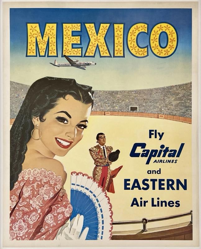 Original Vintage Poster MEXICO CAPITAL EASTERN AIR LINES Airline Travel LINEN: Condition: Used,Country of Origin: United States,Type: Poster,Airline: Eastern,Materials sourced from: United States Condition: Excellent / Very Good * (linen backed; some toning and surface