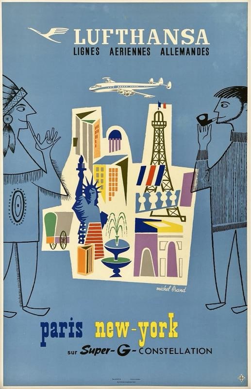 Original Vintage Poster LUFTHANSA PARIS NEW YORK Airline Travel Tourism LINEN: Condition: Used,Type: Poster,Airline: Lufthansa Condition: Very Good / Good * (linen backed; minor edge and corner wear, small tears, and creasing; light stain spotting in the upper third of the poste