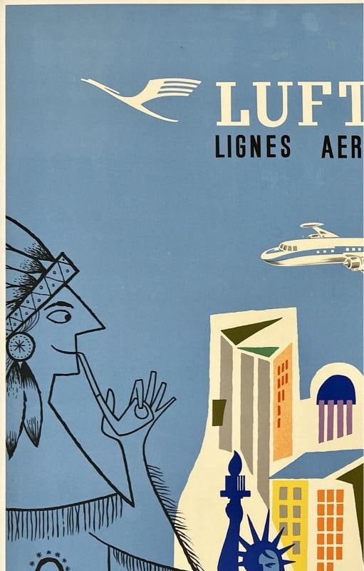 Original Vintage Poster LUFTHANSA PARIS NEW YORK Airline Travel Tourism LINEN - 2