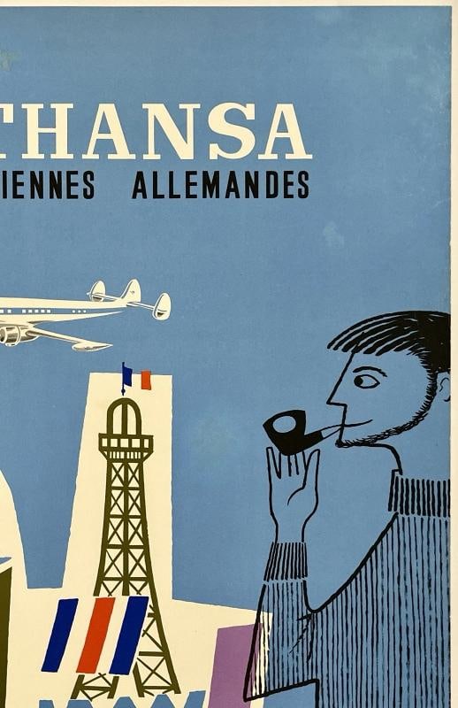 Original Vintage Poster LUFTHANSA PARIS NEW YORK Airline Travel Tourism LINEN - 3