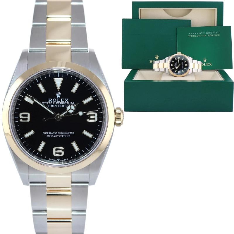 2023 MINT Rolex 124273 Explorer 1 Black Steel Two Tone Yellow Gold 36mm Watch: Case & Dial Case Material: Rolex Two-Tone Yellow Gold & Stainless Steel Case Size: 36mm Bezel: Rolex Yellow Gold Crystal: Rolex Sapphire Dial: Rolex Black Movement & Bracelet Movement: Rolex Automatic