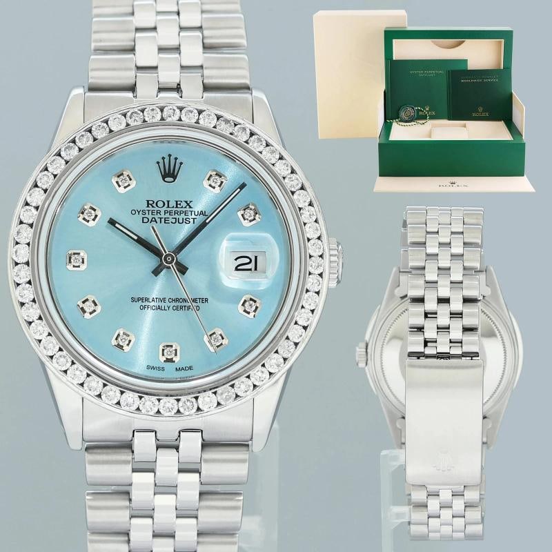 DIAMOND Bezel Rolex DateJust 36mm Glacier Blue Diamond 16030 Steel Watch Box: Case & Dial Case Material: Rolex Stainless Steel Case Size: 36mm Bezel: Custom White Gold Diamond Crystal: Rolex Sapphire Dial: Custom Glacier Blue Diamond Movement & Bracelet Movement: Rolex Automati